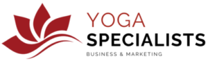 Red lotus flower loge near red and black text of the Yoga Specialists business and marketing logo