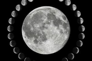Picture of the cycle of the moon circling a full moon on black background.