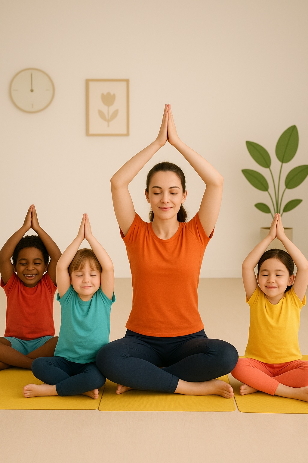 A woman in a yoga class standing on a yoga mat. She is in a reverse-warrior yoga pose.