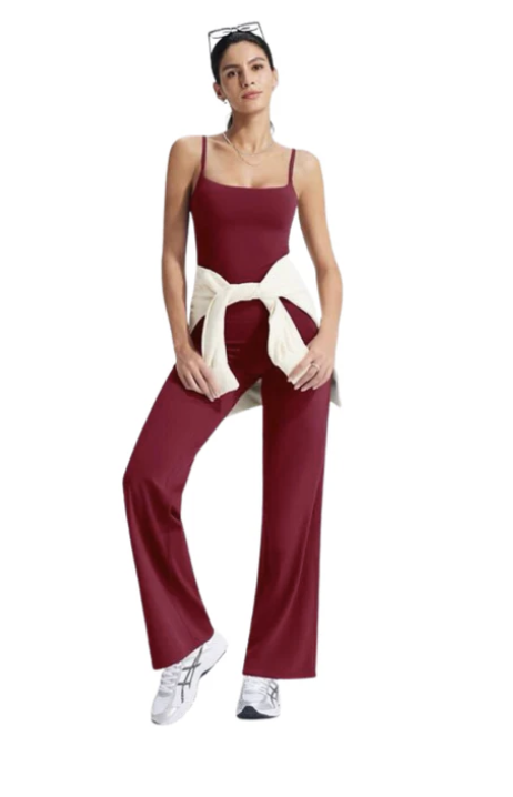 Red square neck yoga top and high waist flair yoga pants.